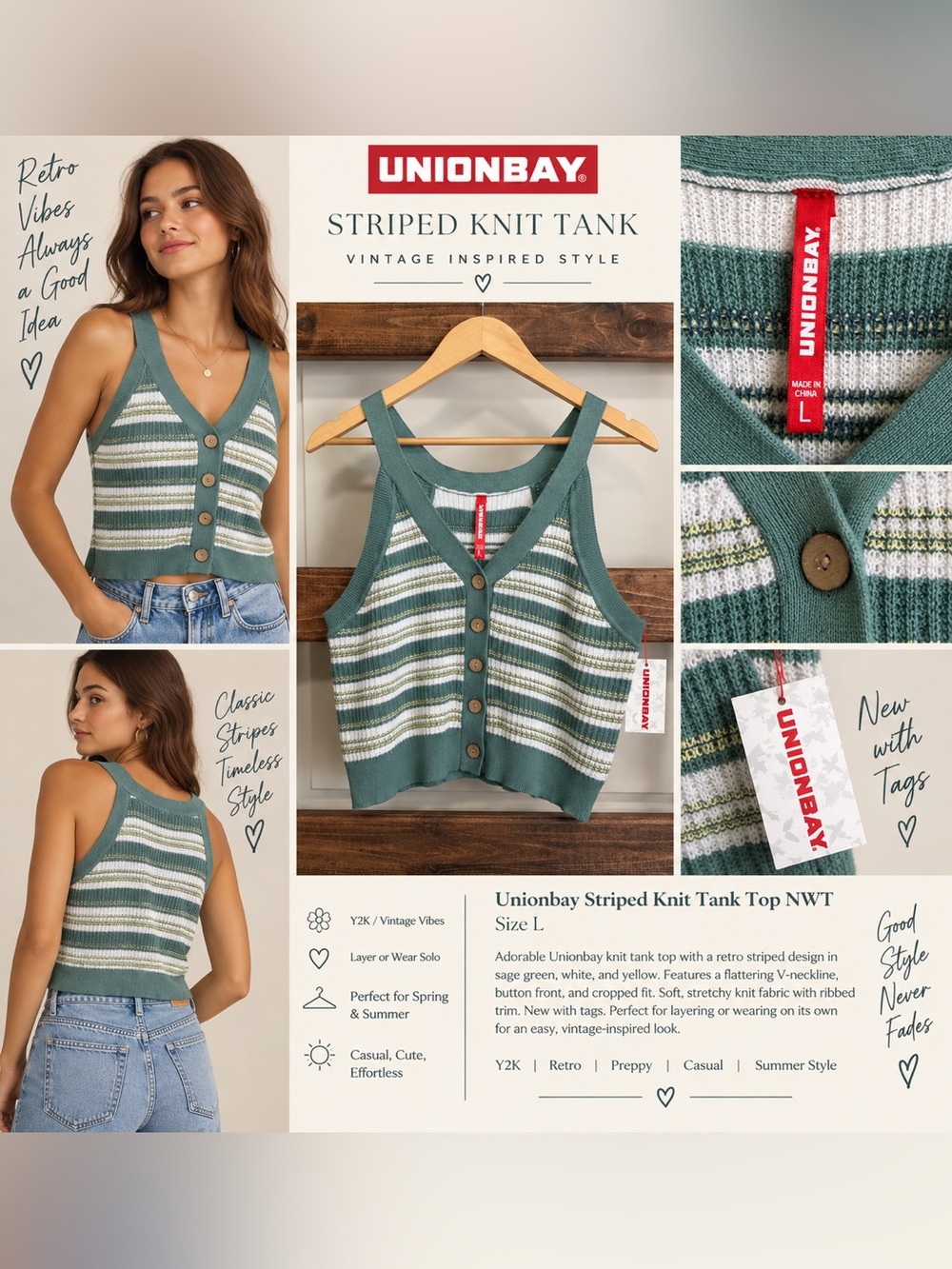 Unionbay Striped Knit Button Front Tank Top Green Size L NWT